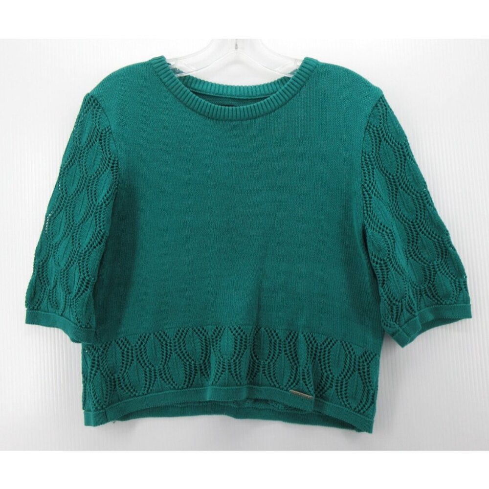 VINTAGE Geiger Sweater 36 Teal Wool Pullover Eyelet Crop Medium